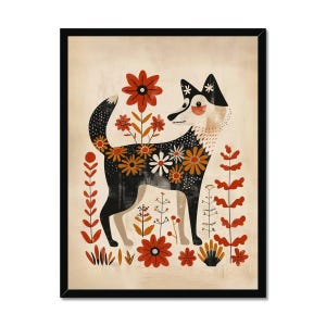 Zorro de arte popular / Arte popular de flora y fauna / Arte caprichoso / Arte tradicional escandinavo - Impresión clásica enmarcada