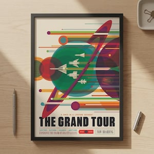 Grand Tour Space Poster | NASA JPL Travel Art | Retro Planetary Alignment Print | Jupiter Saturn Uranus Neptune Wall Art