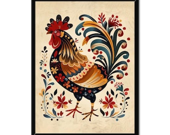 May include: Framed artwork featuring a colorful rooster illustration. The rooster has a red comb and wattle, with a body adorned with floral patterns in shades of blue, orange, and yellow. The background is a cream color, and the artwork is framed in black.