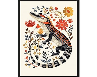 Folk Art Alligator Print: Colorful Reptile Wall Art, Boho Animal Decor