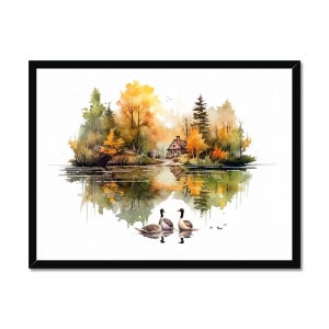 Póster de bosque acogedor con gansos / Cabaña de acuarela en el bosque / Arte mural natural / Impresión de estanque tranquilo / Serenidad de la naturaleza - Bosque acogedor 4