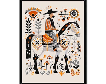 Arte popular vaquero: arte mural de vaquero del suroeste, impresión rústica del oeste, ilustración de jinete de estilo folclórico mexicano, decoración estilo rancho bohemio