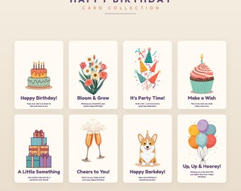Geburtstagskarten 8er Set | Niedliches buntes alles Gute zum Geburtstagkarten-Brief | Sofortiger Download 13 x 18 PNG PDF | Zuhause ausdrucken