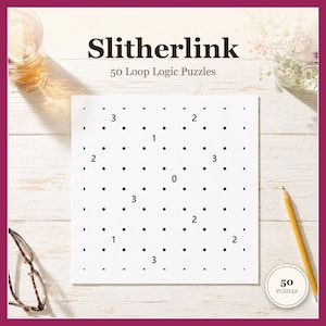 Peut inclure: Une feuille de papier carrée blanche présentant une grille de jeu Slitherlink avec des points noirs et des indices numériques, intitulée Slitherlink 50 Loop Logic Puzzles. La grille contient divers chiffres dont 0, 1, 2 et 3 entre les points.