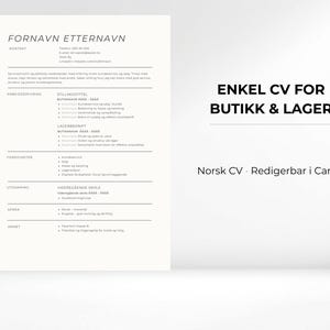 K&ouml;nnte beinhalten: Eine minimalistische Lebenslaufvorlage in Hellbeige. Der Lebenslauf enth&auml;lt Abschnitte f&uuml;r Kontaktinformationen, Berufserfahrung, F&auml;higkeiten und Ausbildung. Der Text "ENKEL CV FOR BUTIKK & LAGER" wird in fetter schwarzer Schrift angezeigt.
