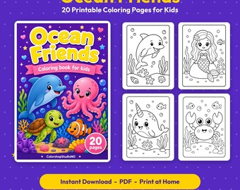 Ocean Friends Malbuch für Kinder | 20 Druckbare Malvorlagen | Delfin Meerjungfrau Hai Schildkröte | Sofortiger Download PDF | Zuhause ausdrucken