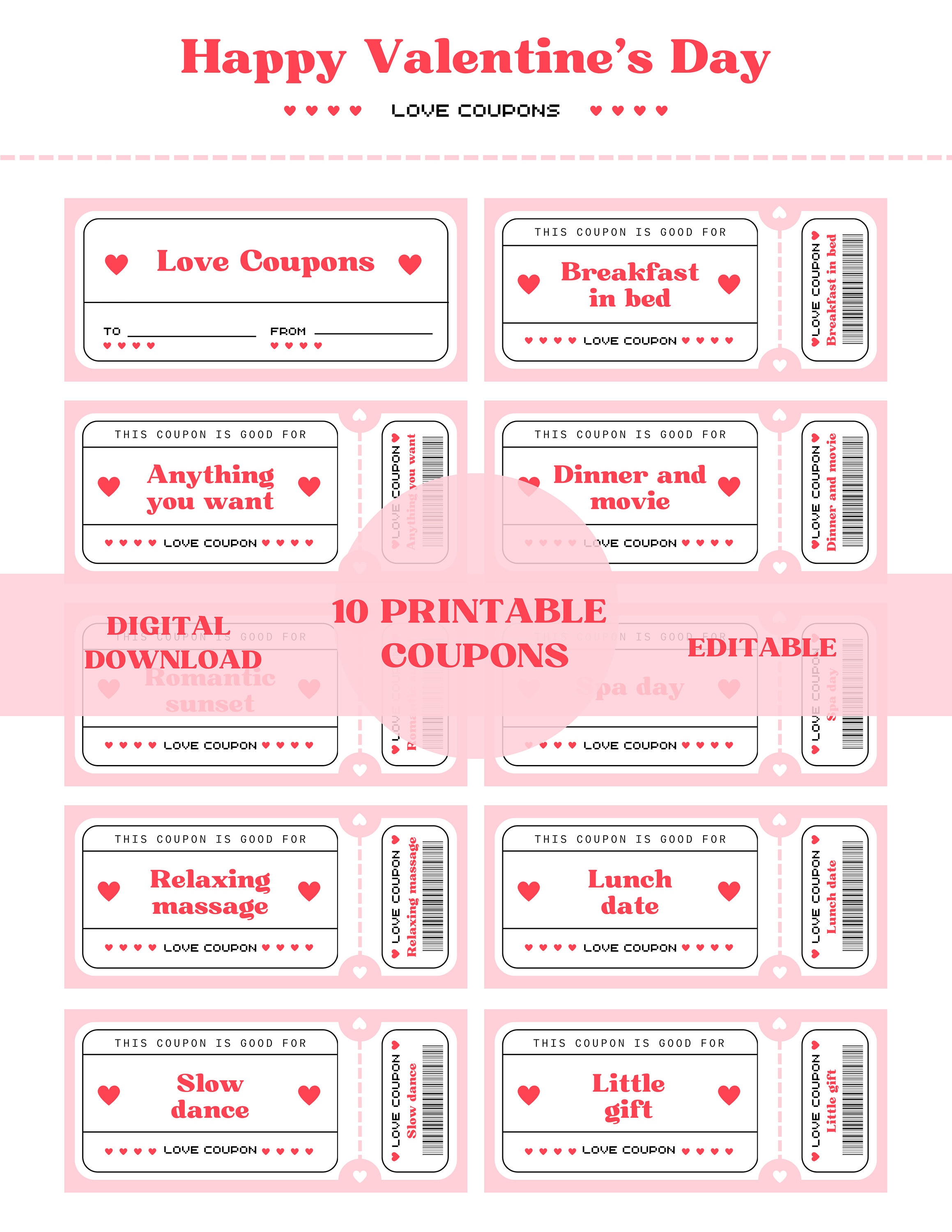 Love Coupons Valentines Day 10 Printable Coupons Digital Download Love ...