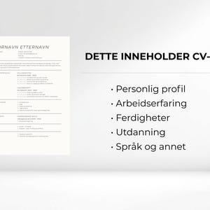 K&ouml;nnte beinhalten: Eine minimalistische Lebenslaufvorlage mit der &Uuml;berschrift "FORNAVN ETTERNAVN" und dem Text "DETTE INNEHOLDER CV-EN", gefolgt von Aufz&auml;hlungspunkten, die Abschnitte wie "Personlig profil" und "Arbeidserfaring" auflisten. Das Dokument befindet sich auf wei&szlig;em Hintergrund.