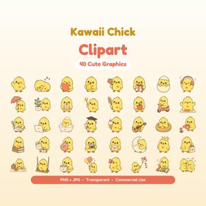Może przedstawiać: Kolekcja 40 ilustracji żółtych kurcząt z napisem Kawaii Chick Clipart 40 Cute Graphics. Grafiki przedstawiają małe żółte ptaki podczas różnych czynności, w tym spania, trzymania serc, gwiazd, kwiatów, prezentów, jedzenia oraz używania przedmiotów takich jak laptopy, aparaty fotograficzne i instrumenty muzyczne.