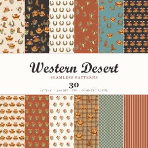 Può includere: Una collezione di 30 motivi digitali senza cuciture intitolata Western Desert, con illustrazioni ad acquerello di cappelli da cowboy, stivali, ferri di cavallo, cactus e teschi in varie tavolozze di colori tra cui crema, nero, ruggine e verde acqua, che misurano 30,48 per 30,48 cm.