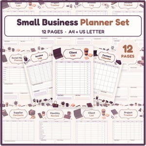 May include: A Small Business Planner Set featuring 12 pages in A4 and US Letter sizes. The planner includes templates for an Invoice Log, Client List, and Content Calendar, decorated with illustrations of laptops, coffee cups, and office supplies.