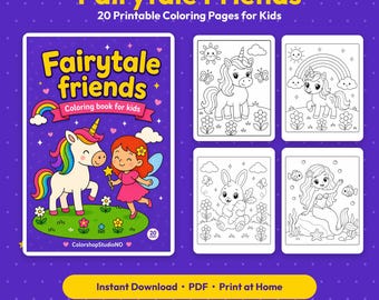 Märchenhafte Freunde Malbuch für Kinder | 20 Druckbare Malvorlagen | Einhorn Fee Drache Meerjungfrau | Sofortiger Download PDF | Zuhause ausdrucken