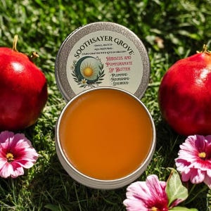 May include: A silver tin of hibiscus and pomegranate lip butter with a floral design on the lid. The tin is surrounded by green grass, red pomegranates, and pink flowers.