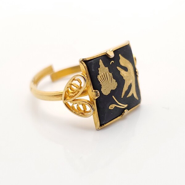 Vintage Spanish Damascene Square Ring, Black and Gold Tone Bird and Flower Image, Nature Design, Mens or Womens, US Size 6 Adjustable