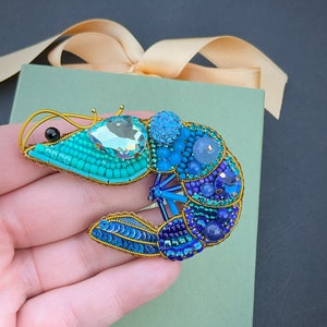 Shrimp pin / Shrimp brooch with gemstones and crystals / shrimp jewelry / handmade brooch for women / handmade jewelry