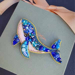 Handmade blue whale brooch with crystals and gemstones / handmade nautical jewelry for women / whale pin / nautical inspired whale jewelry