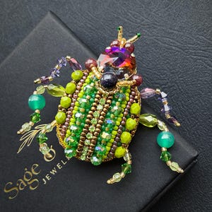Handmade green beetle brooch / insect brooch for women / bug jewelry with Swarovski crystals / green bug brooch / insect jewelry
