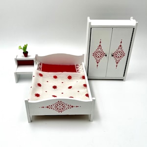 Lundby original white and red bedroom set with flower- Dollhouse item