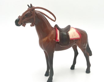 Lundby original horse with saddles, bridle, and reins.