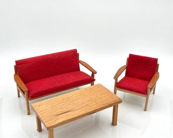 Lundby red sofa, sofatable and armchair