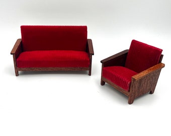 Sofá de pana roja Lundby/Lerro y sillón a juego - Artículo para casa de muñecas