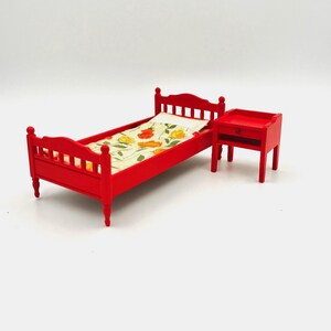 Lundby original orange/red bed with bedside table - Dollhouse item