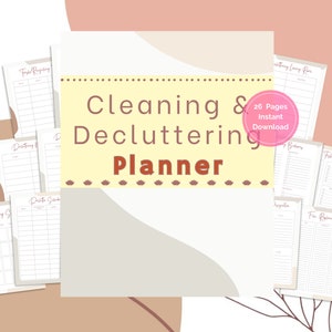Könnte beinhalten: Ein druckbarer Reinigungs- und Entrümpelungs-Planer mit 26 Seiten. Der Planer hat einen gelben Hintergrund mit braunem Text und einen rosa Kreis mit dem Text "26 Seiten Sofort-Download".