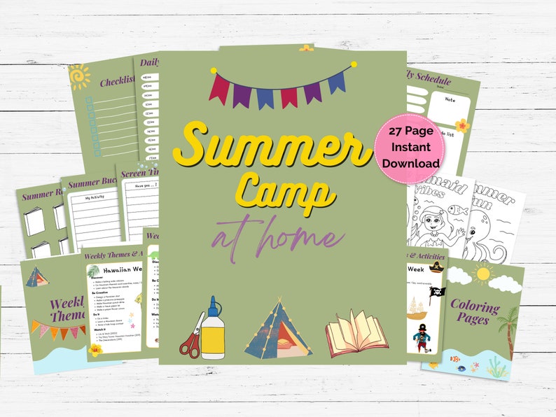 May include: A printable pack of 27 pages for a summer camp at home theme. The pack includes a checklist, daily schedule, screen time log, weekly themes, coloring pages, and activities. The pages are decorated with a tent, a book, scissors, glue, and a sun.