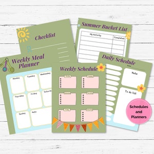 May include: A set of printable planners and schedules with a summer theme. The planners include a checklist, a weekly meal planner, a weekly schedule, and a daily schedule. The designs feature a sun, flowers, and bunting.