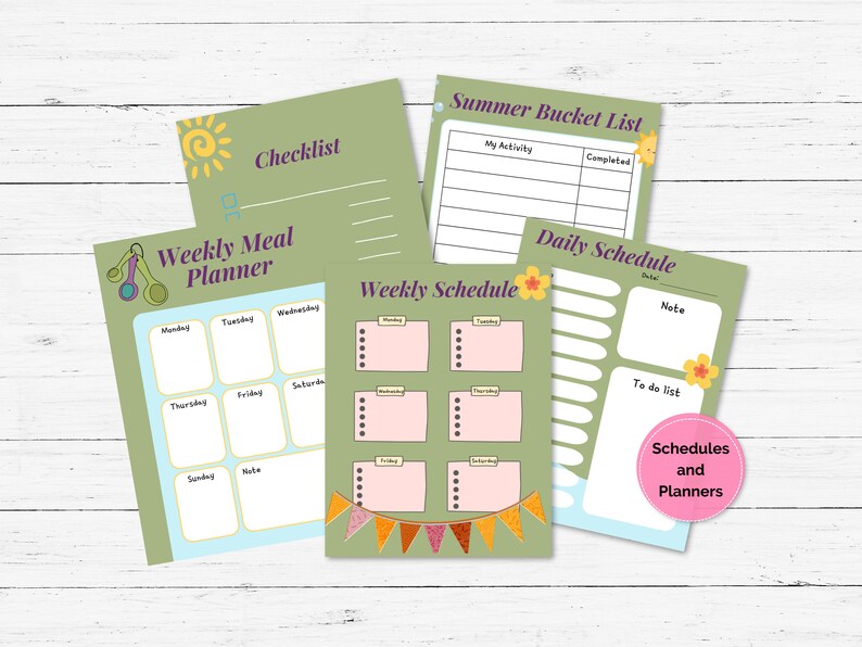 May include: A set of printable planners and schedules with a summer theme. The planners include a checklist, a weekly meal planner, a weekly schedule, and a daily schedule. The designs feature a sun, flowers, and bunting.