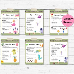 May include: A set of printable activity cards for kids featuring weekly themes like Disney, Space, Olympics, Hawaiian, Dinosaur, and Space. Each card has a colorful illustration and lists activities to do, create, and watch.