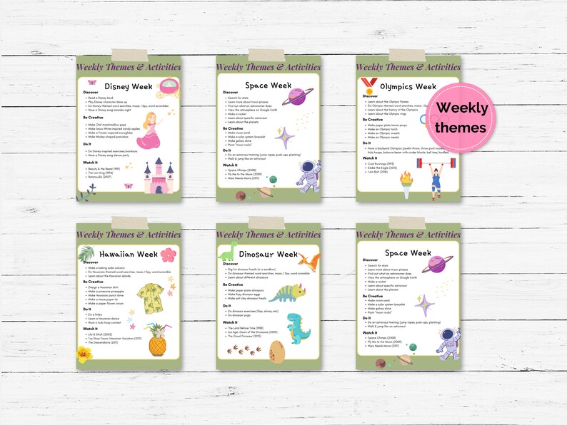 May include: A set of printable activity cards for kids featuring weekly themes like Disney, Space, Olympics, Hawaiian, Dinosaur, and Space. Each card has a colorful illustration and lists activities to do, create, and watch.