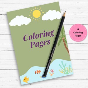 May include: A green cover with the text "Coloring Pages" in purple. The cover features a sun, clouds, a palm tree, and fish in the ocean. The cover also includes a pink circle with the text "8 Coloring Pages".