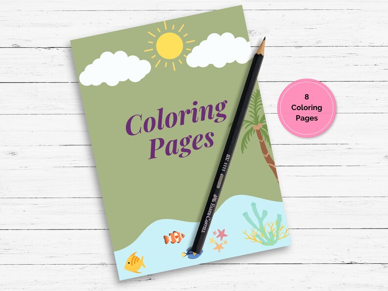 May include: A green cover with the text "Coloring Pages" in purple. The cover features a sun, clouds, a palm tree, and fish in the ocean. The cover also includes a pink circle with the text "8 Coloring Pages".