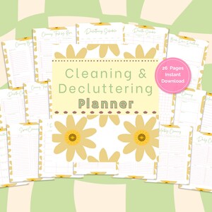 Puede incluir: Un conjunto de páginas imprimibles para planificador de limpieza y organización. El diseño presenta flores de margarita amarillas y blancas. El título "Cleaning & Decluttering Planner" se muestra de forma destacada. Incluye 26 páginas para descarga instantánea.