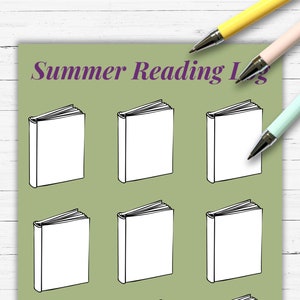 May include: A green printable summer reading log with the text "Summer Reading Log" in purple. The log has eight blank spaces for book titles, each represented by a black and white outline of a closed book.