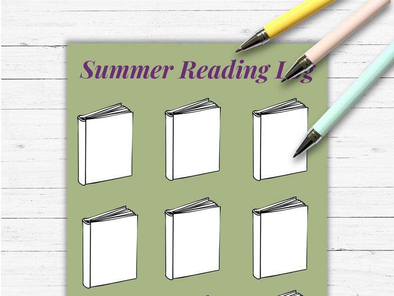 May include: A green printable summer reading log with the text "Summer Reading Log" in purple. The log has eight blank spaces for book titles, each represented by a black and white outline of a closed book.