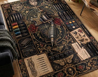 Tattoo Machine Printed Rug with Red Roses and Ornate Tool Panels