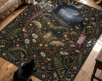 Moonlit Firefly Meadow Printed Rug with Wildflowers and Crescent Moon
