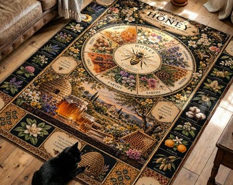 Honey Bee Printed Rug with Flowers and Botanical Chart