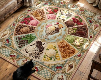 Retro Ice Cream Sundae Printed Rug with Pastel Dessert Flavor Wheel