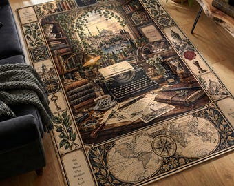 Writer's Desk Rug with Typewriter, Books and Travel Map