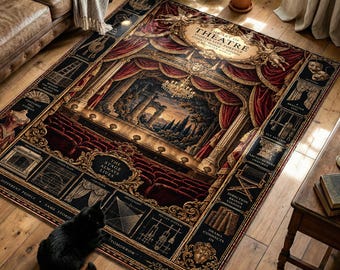 Theater Stage Printed Rug with Red Curtains and Gold Border