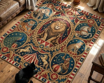 Vintage Circus Animal Printed Rug with Lion, Elephant and Carnival Tent