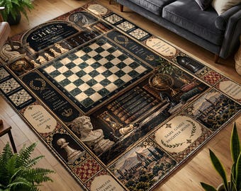 Chess Board Printed Rug with Library Motifs, Black and Cream