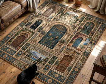 Architectural Door Printed Rug with Teal and Gold Facade Collage