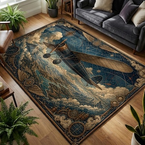 Airplane Rug, Vintage Aviation Map Carpet, Pilot Office Decor and Travel Lover Gift