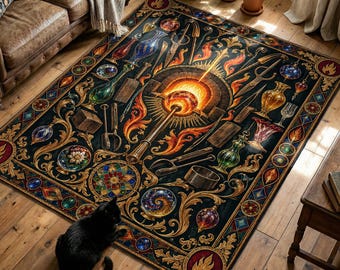 Glassblowing Printed Rug with Furnace and Colorful Glass Vessels