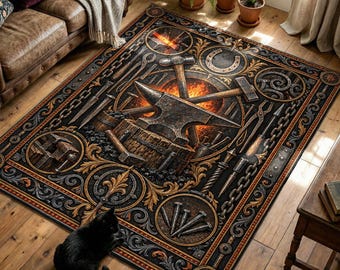 Blacksmith Forge Rug with Anvil, Hammers and Horseshoe Print