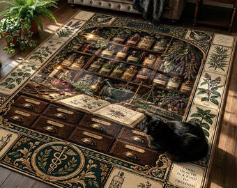 Botanical Apothecary Rug with Herb Jars, Mortar and Cabinet